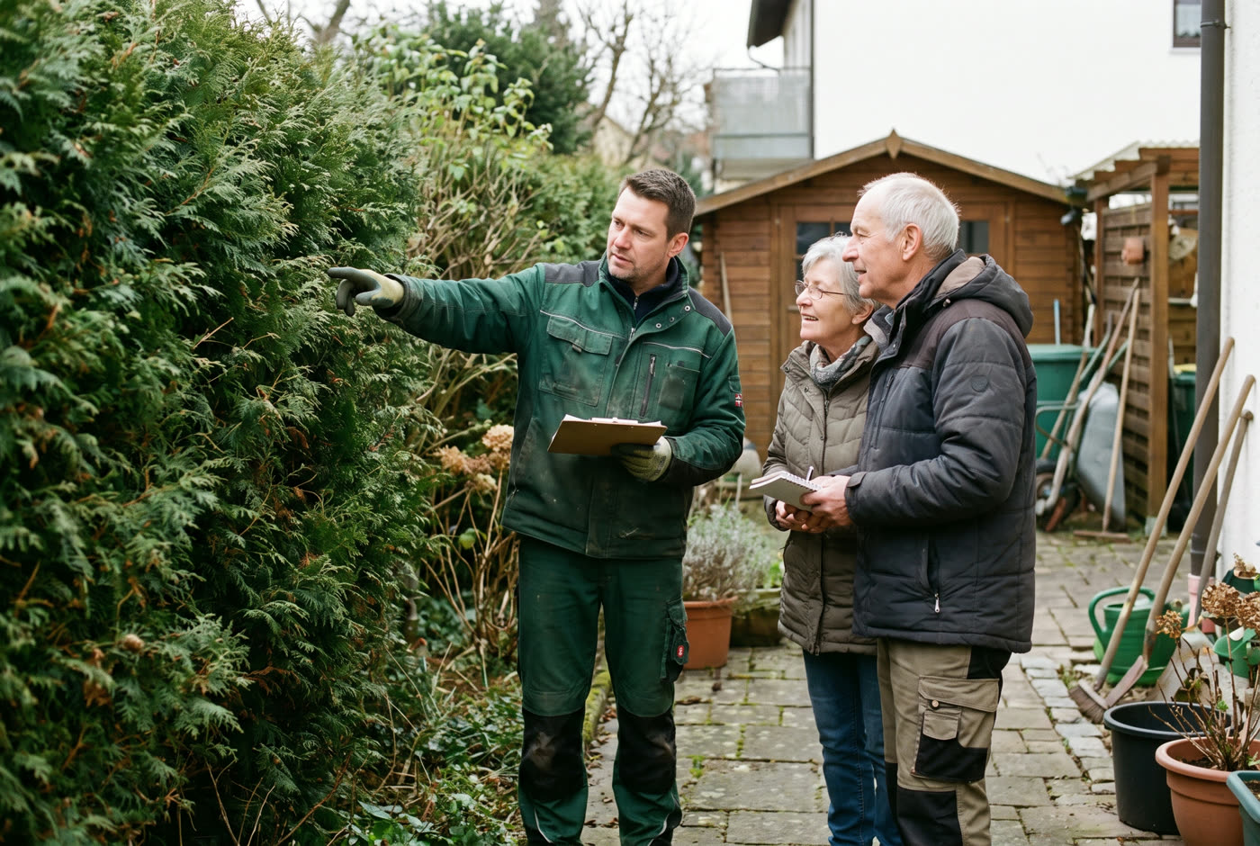 Berater bespricht mit einem Ehepaar die Hecke im Garten